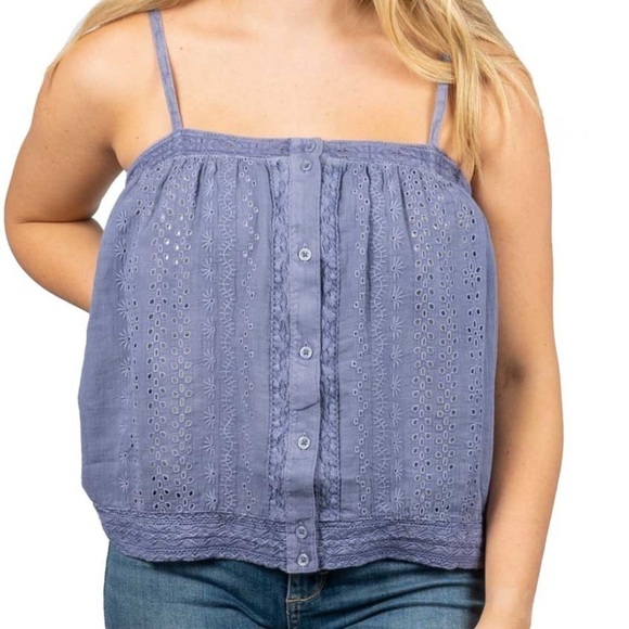 Lucky Brand Lace Eyelet Button front Cami Tank Top in Night Shadow Blue Sz. XL - Picture 1 of 5